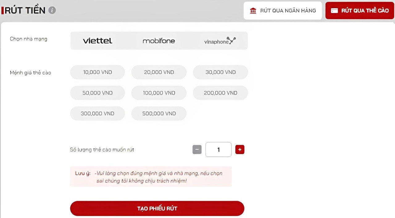 phương thức rút tiền thẻ cào